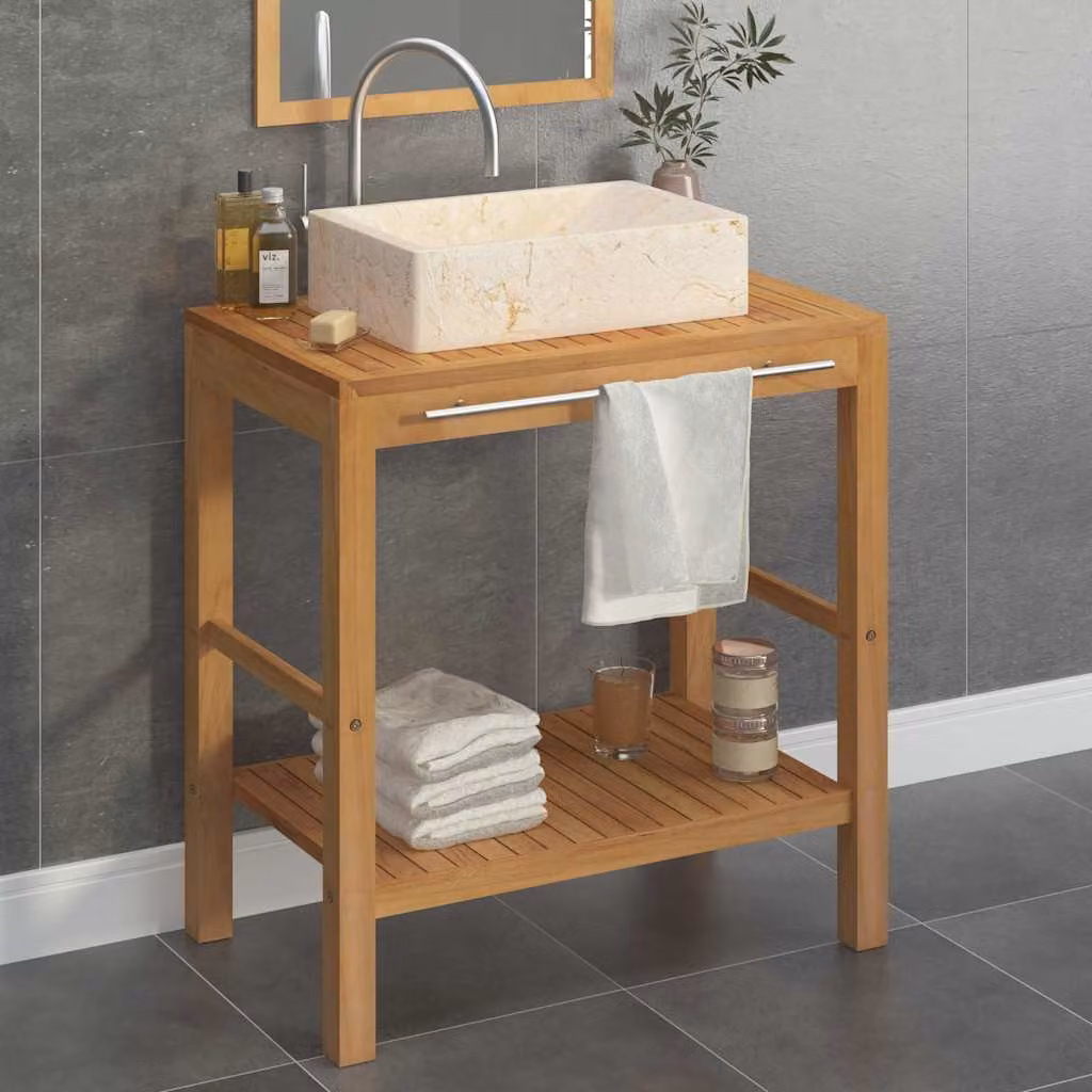 vidaXL Armadietto da Bagno Moderno in Legno di Teak con Lavabo in Marmo Beige e Marrone