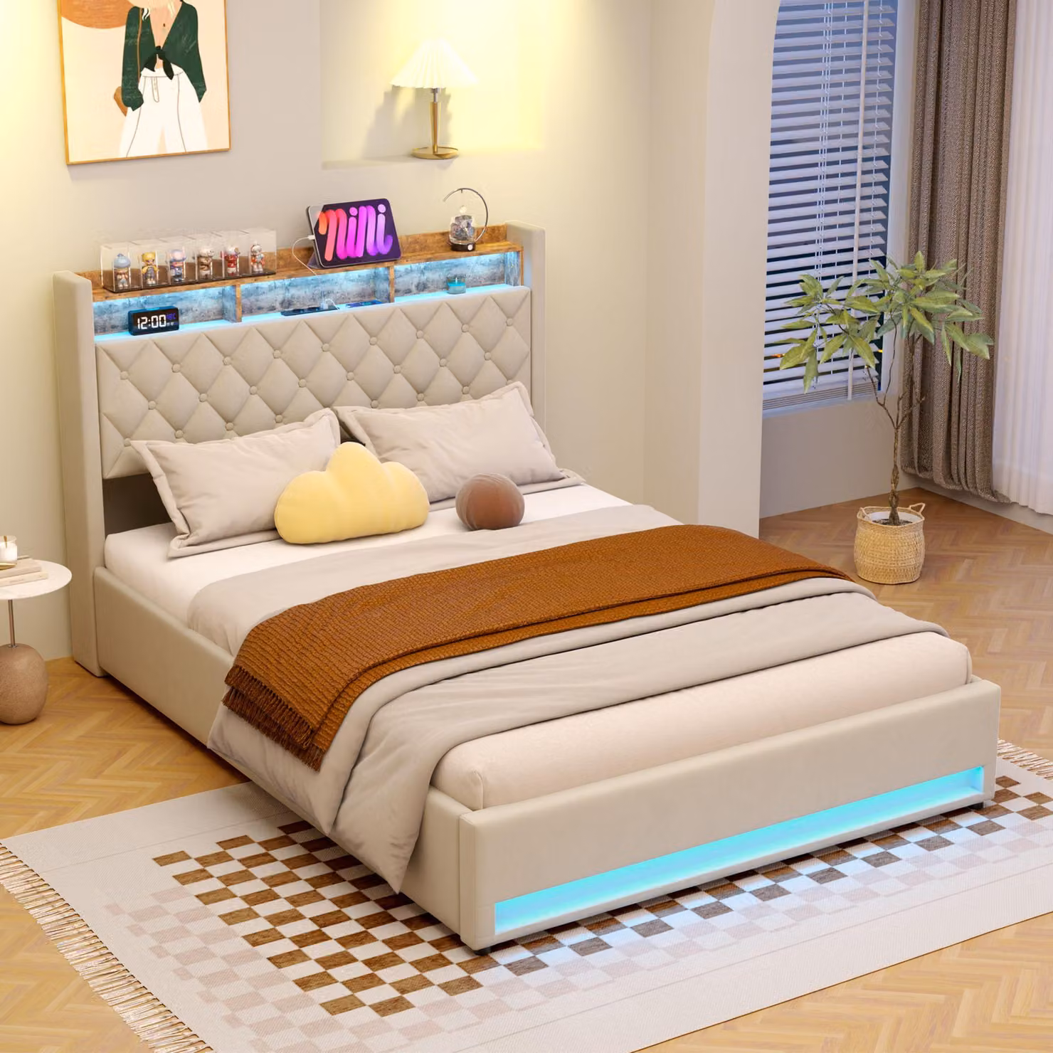 MODFU letto matrimoniale 160×200 imbottito con illuminazione a LED, USB e prese di corrente, letto contenitore per giovani con testiera e ripiano, struttura letto per camera da letto, senza materasso, beige