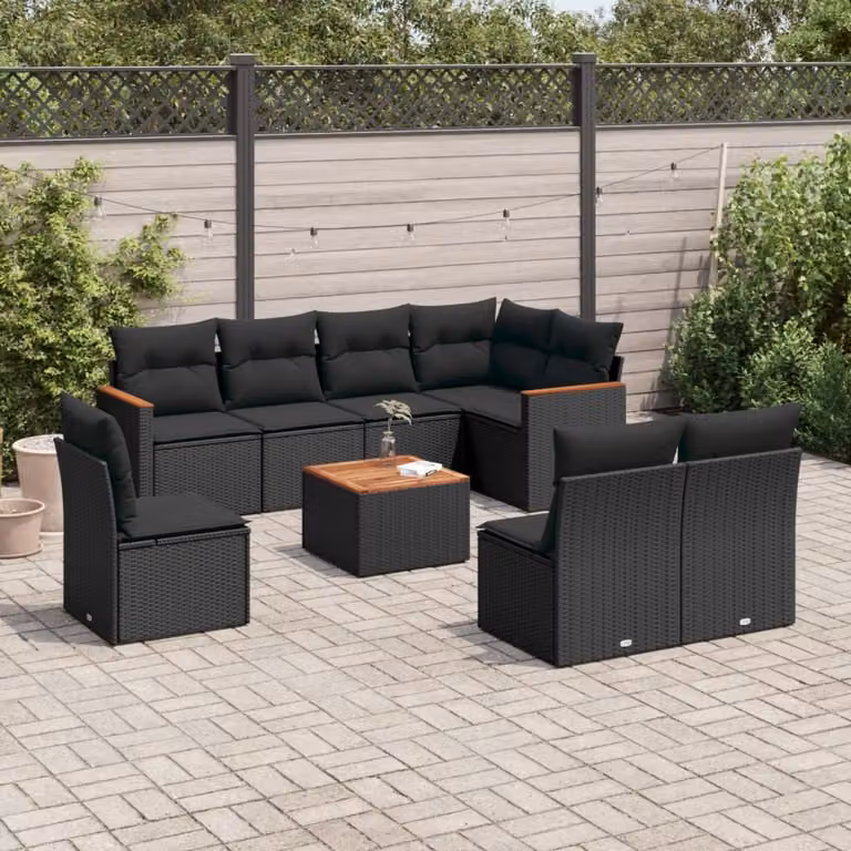 vidaXL Set Divani da Giardino a L 9 pz in Polyrattan Nero con Cuscini e Tavolino da Esterno