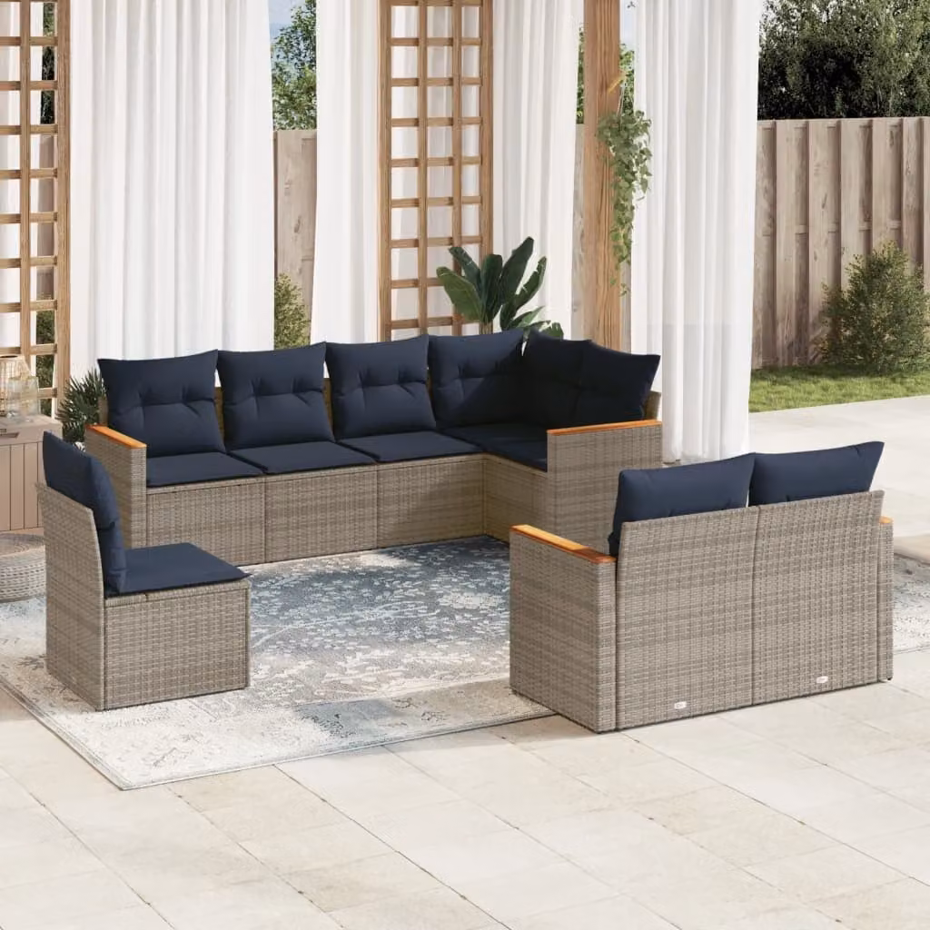 Set di divani da giardino vidaXL in polyrattan grigio con cuscini e struttura in metallo