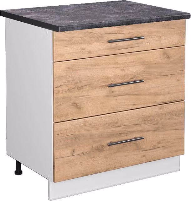 Mobiletto base per cucina Fame-Line Rovere dorato/Bianco 80 cm con 3 cassetti, PL Antracite Vicco