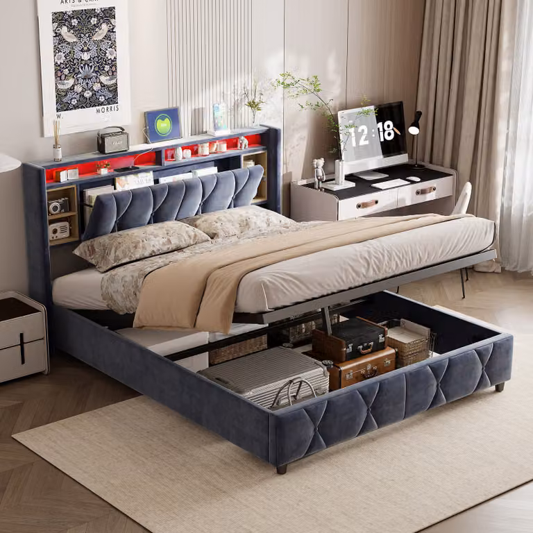 UnboxG Letto imbottito 140x200 cm, letto matrimoniale con contenitore e rete a doghe, testata a LED con funzione di ricarica USB C, letto contenitore Letti funzionali Struttura letto con schienale, velluto，grigio