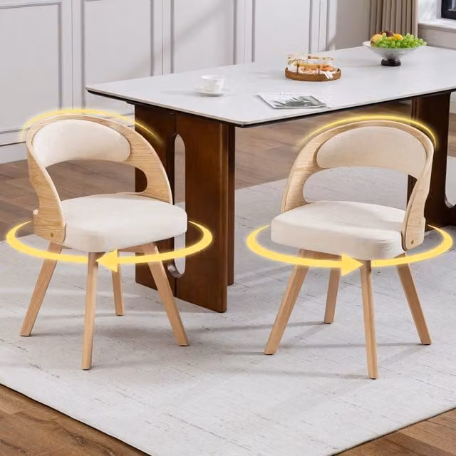 Sedie da pranzo girevoli a 360°, 2 pezzi in lino beige con schienale ergonomico e seduta imbottita