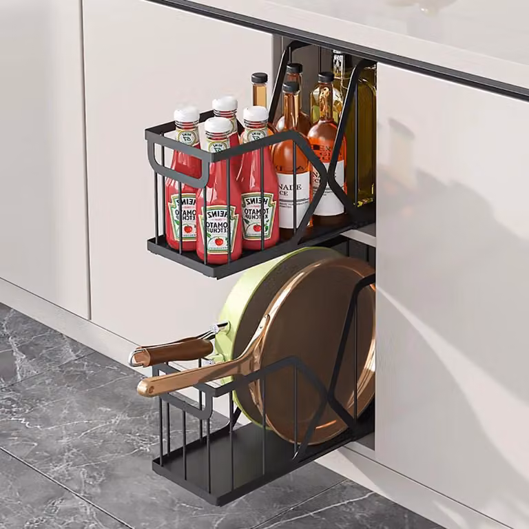 Organizer per armadi - Set di 2 ripiani estraibili in metallo - Soluzioni di contenimento per mobili bassi - Mobile sotto lavello - Cucina e bagno - Ripiano per spezie