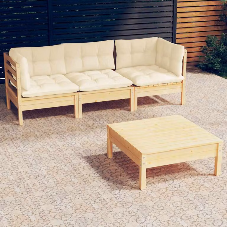 Set Salotto da Giardino vidaXL in Legno di Pino con Cuscini Beige, Design Moderno a L con Divano a 2 Posti, Elemento Angolare e Ottoman