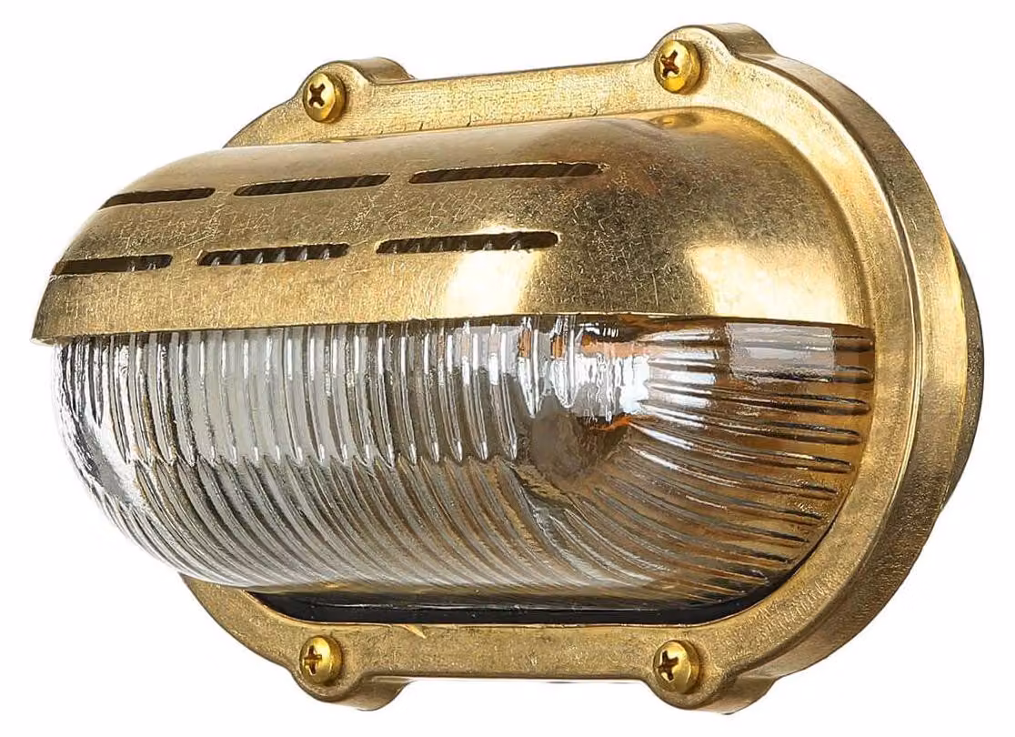 Apparecchio di illuminazione da esterno, in ottone, con vetro smerigliato, grado di protezione IP64, 1 attacco E27, dimensioni 21x12 cm