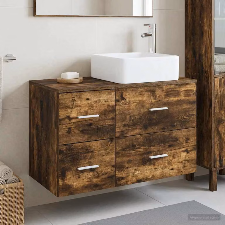 Set di mobili per il bagno moderno vidaXL composto da mobile lavabo e pensile a parete in legno color rovere marrone opaco