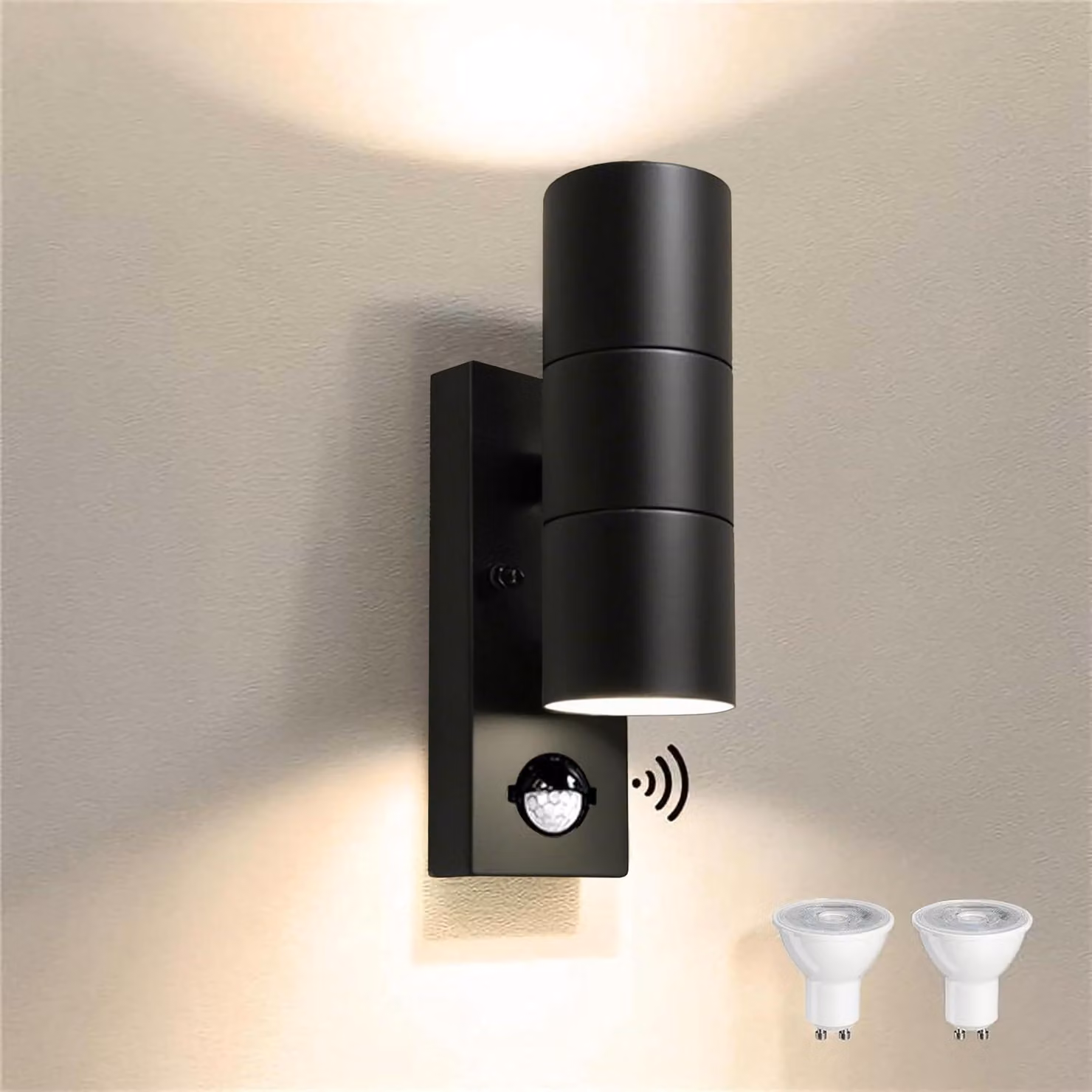 Lampada da esterno in acciaio inossidabile con sensore di movimento, colore nero, grado di protezione IP54, 2x5W, attacco GU10