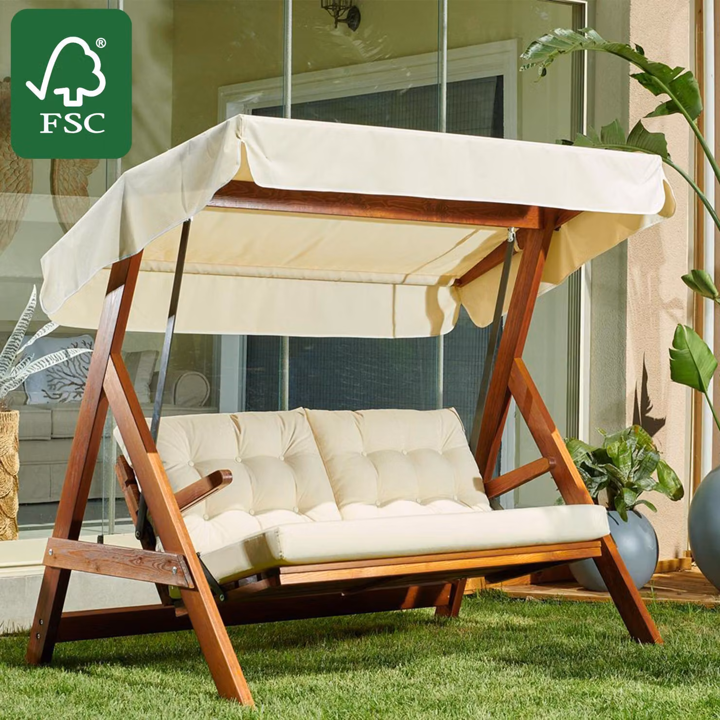 Skye Decor, Parigi 2000 - Beige, altalena da giardino a tre posti, beige, 148 x x 58 cm
