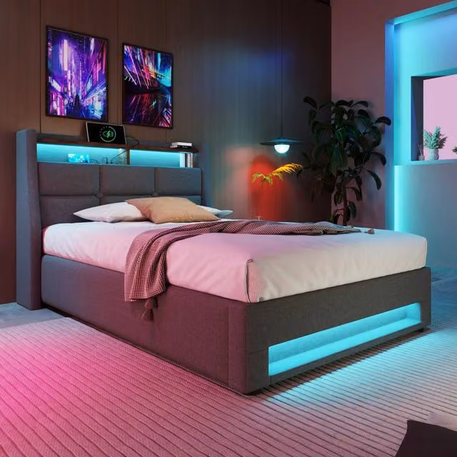 Letto singolo 90 × 200 cm con materasso; contenitore; LED e USB; testiera imbottita in lino grigio
