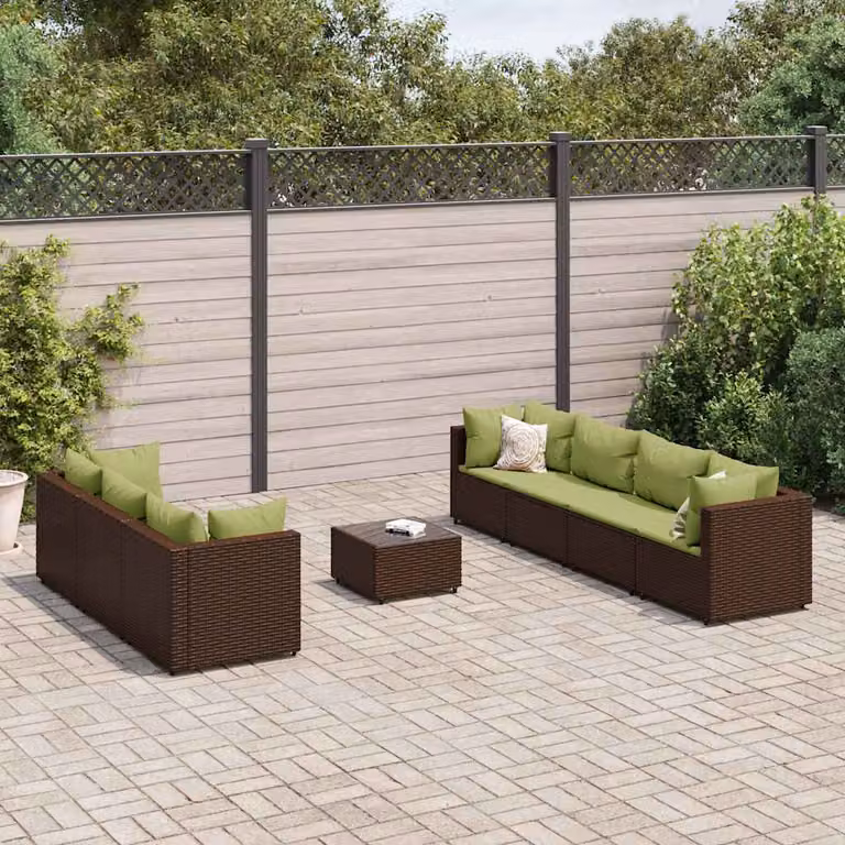 vidaXL Set Divani da Giardino 8 pz a Forma a L con Cuscini e Tavolino, Marrone e Verde
