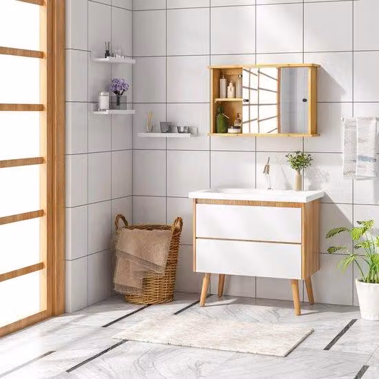 Mobile da bagno con ante a specchio scorrevoli, bambù, marrone, 55x14x35,5 cm