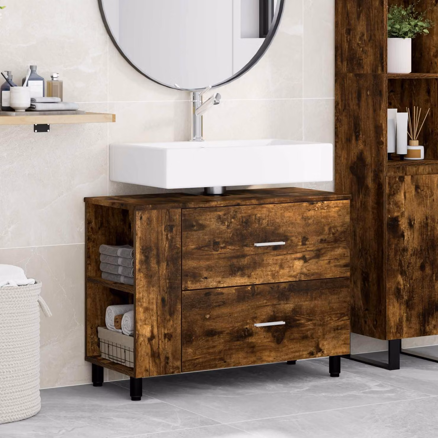 Mobiletto da bagno moderno vidaXL in legno e metallo marrone con ante e ripiani L: 80 cm, P: 35 cm, H: 60 cm