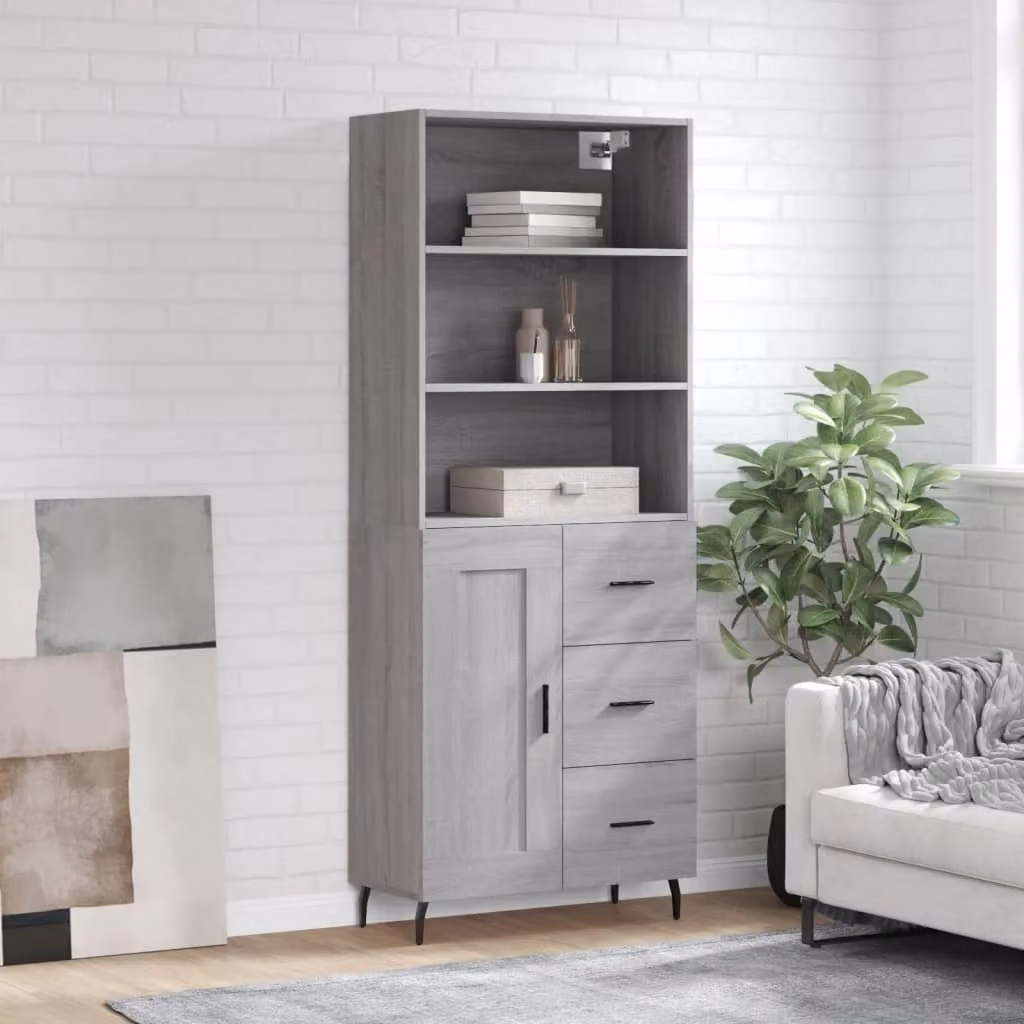 Credenza moderna vidaXL in legno multistrato e metallo, colore Grigio Sonoma, L: 69,5 cm, P: 34 cm, H: 180 cm