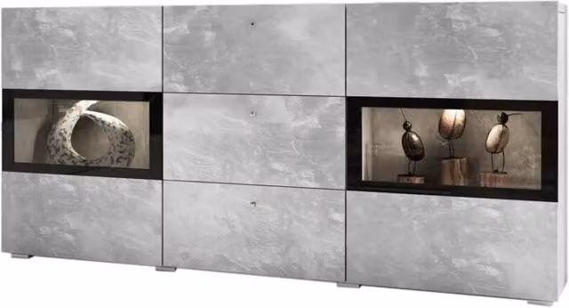 Buffet RAMOS – Grigio effetto cemento e nero – LED multicolori inclusi – 2 porte in vetro + 3 cassetti