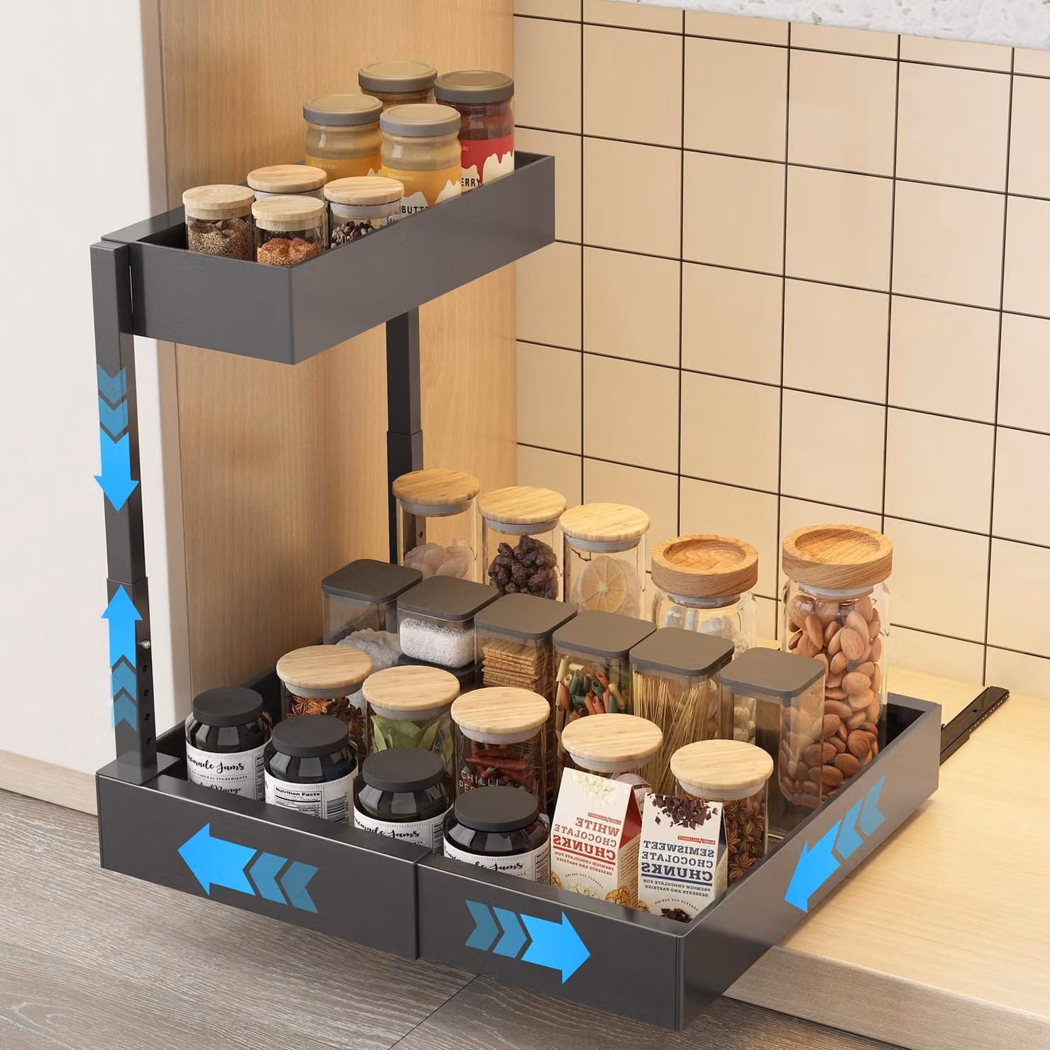 Ripiano sotto lavello, metallo nero, con 2 vani portaoggetti, design a L