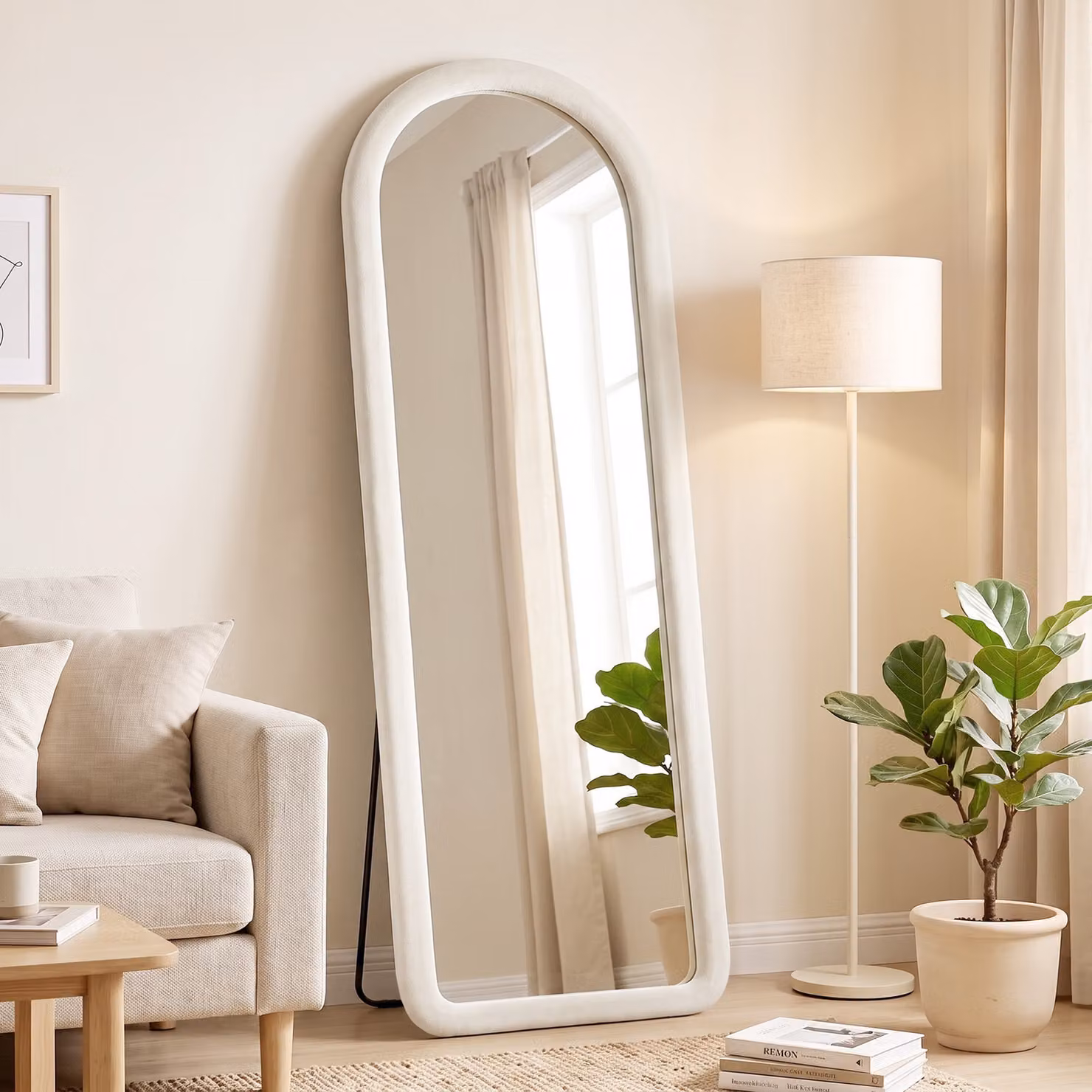 Specchio intero HOMCOM ad arco con cornice in flanella, da terra o parete, Bianco Crema, H: 160 cm, L: 60 cm – 2