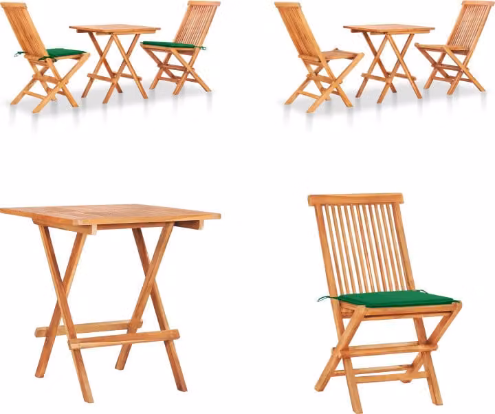 vidaXL 3 pezzi. Set da bistrot con cuscini verdi in legno massiccio di teak - Set da bistrot - Set da bistrot in legno - Set da bistrot in legno