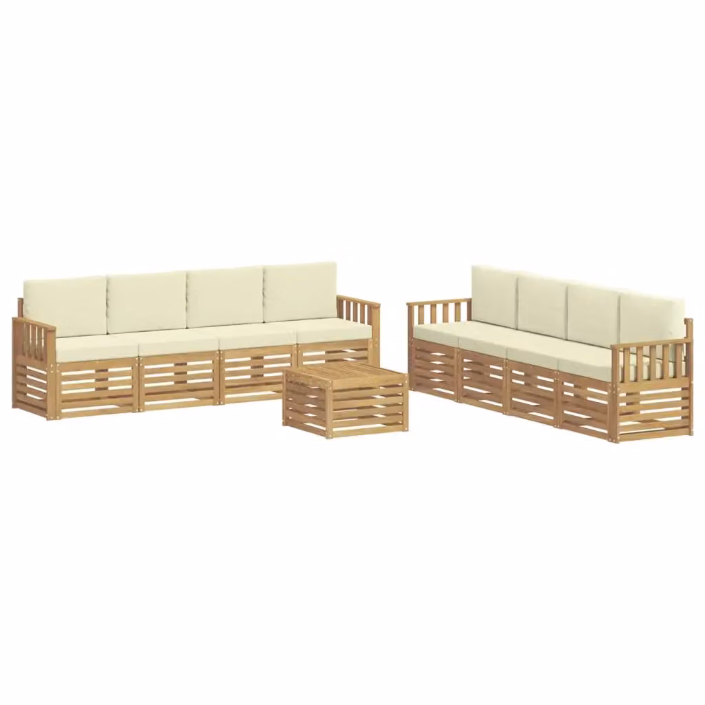 Set di divani da esterno vidaXL a forma di L composto da 9 pezzi con tavolino da giardino, in legno di acacia trattato e tessuto bianco e beige – 2