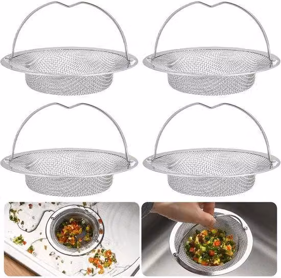 Filtro di scarico in acciaio inossidabile, 4 pezzi, con manico, protezione anti-intasamento, filtro per lo scarico della cucina