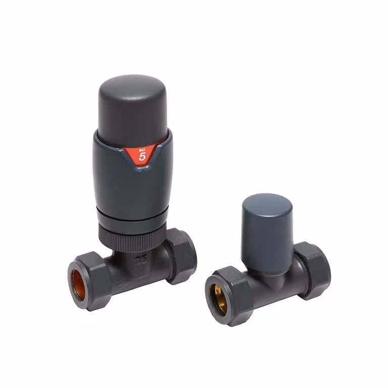 Valvole Termostatiche Diritte per Radiatore - Finitura Antracite - Realizzate in Ottone - Per Tubi da 15mm