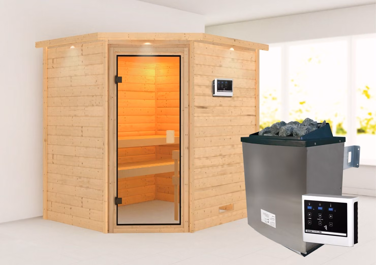 Sauna Woodfeeling Elea (ingresso ad angolo), porta tutto vetro, bronzata, riscaldatore 9 kW controllo esterno semplice