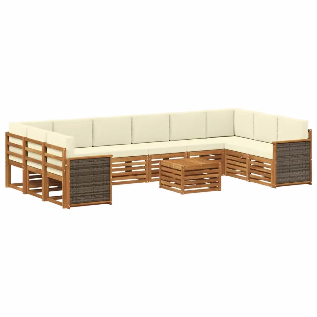 Set di divani da esterno a L con tavolino vidaXL in legno di acacia e cuscini beige e bianchi – 2