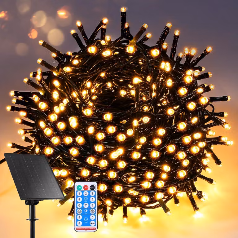 Catena luminosa solare, 10 metri, 100 LED, luce bianco caldo, con telecomando