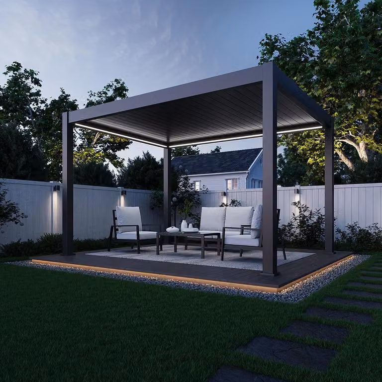Pergola elettrica Weide E-Deluxe Plus, interamente in alluminio, dimensioni 3x4 metri, con tetto a lamelle color antracite