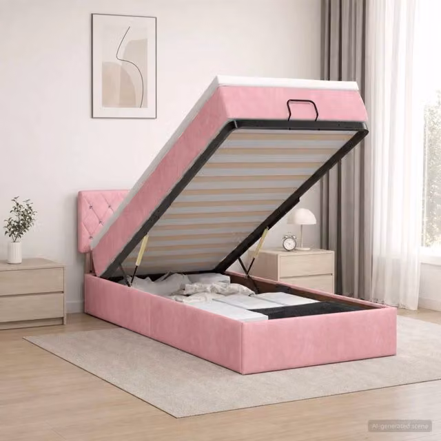 Letto ottomano con materasso ibrido vidaXL in velluto rosa e bianco L/P/H: 203 x 140 x 100 cm