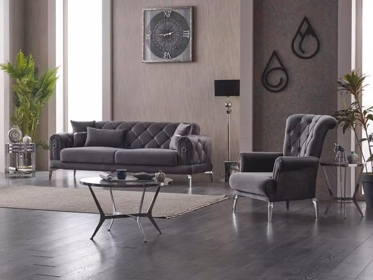 Couchgarnitur Sofa Polstersofa Dreisitzer Stoffsofa Grau Sessel 2tlg