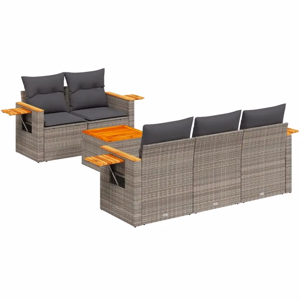 vidaXL Set Divano da Giardino 6 pz a L con Cuscini Grigio in Polyrattan e Legno di Acacia – 2