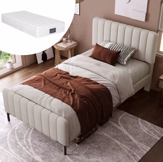 Letto imbottito 90x200 cm con testiera regolabile; grigio-beige