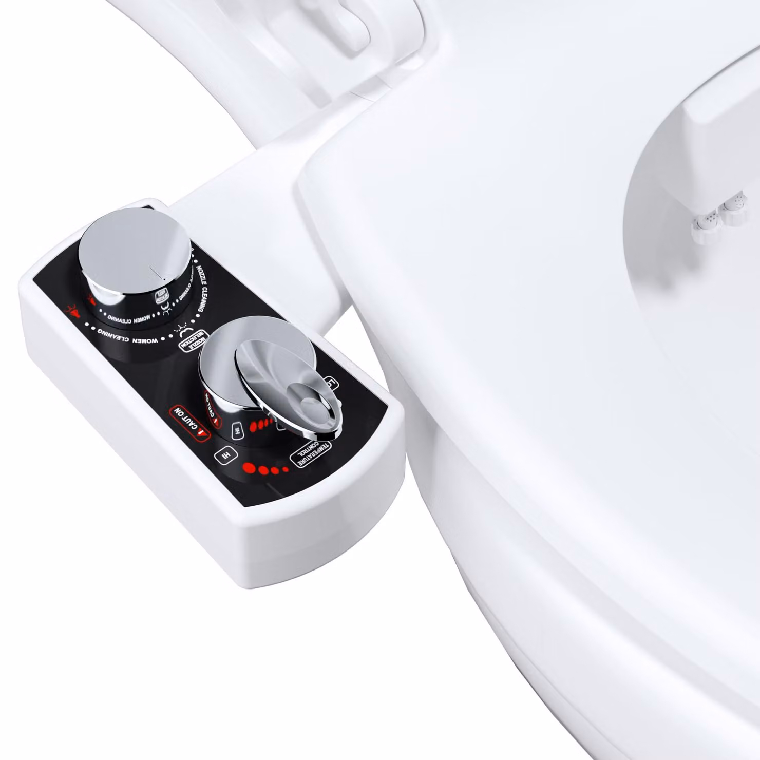 Accessorio per bidet da installare sul water, con alimentazione a acqua fredda/calda e ugelli autopulenti