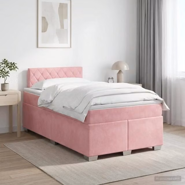 Letto box spring con materasso vidaXL in velluto rosa e bianco con base a sollevamento L/P/H: 122 x 122 x 46 cm, dimensioni materasso: 120 x 200 cm – 1