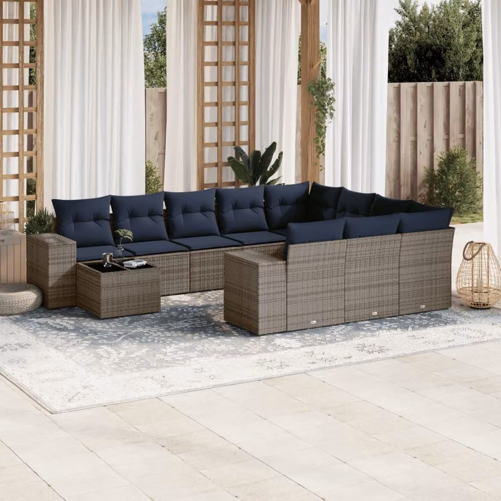 Set di divani da giardino vidaXL 11 pezzi con cuscini e tavolino da esterno in polyrattan e metallo, colore grigio e blu