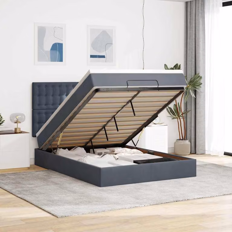 Letto con contenitore e materasso vidaXL in velluto grigio e bianco, con base a sollevamento, illuminazione sottostante e porta USB, L/P/H: 190 x 140 x 128 cm