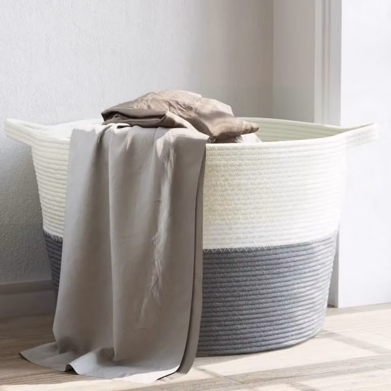 vidaXL Cesto per Biancheria in Cotone Grigio e Bianco con Maniglie, Pieghevole, Ø60 x H 36 cm