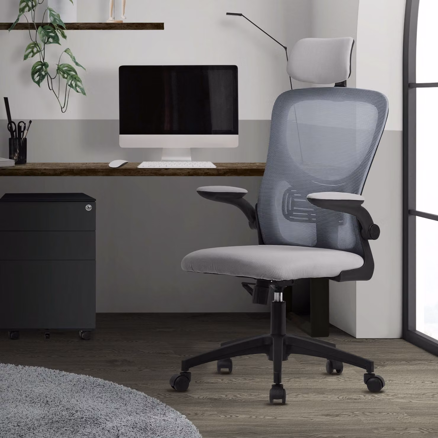 Sedia da ufficio ergonomica ML-Design, grigia, in rete, con poggiatesta regolabile