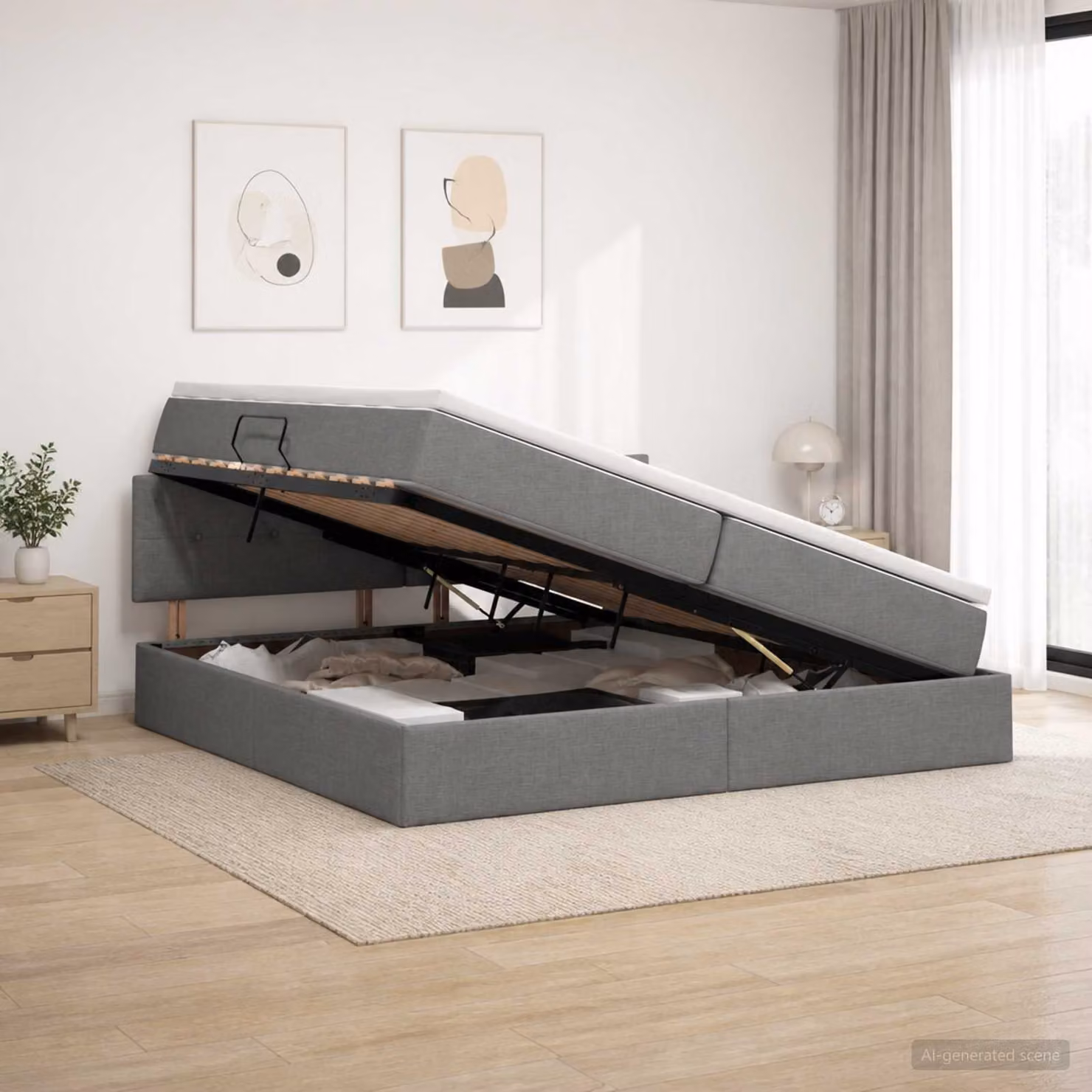 vidaXL Letto con contenitore e materasso ibrido Grigio e Bianco L/P: 200 x 200 cm