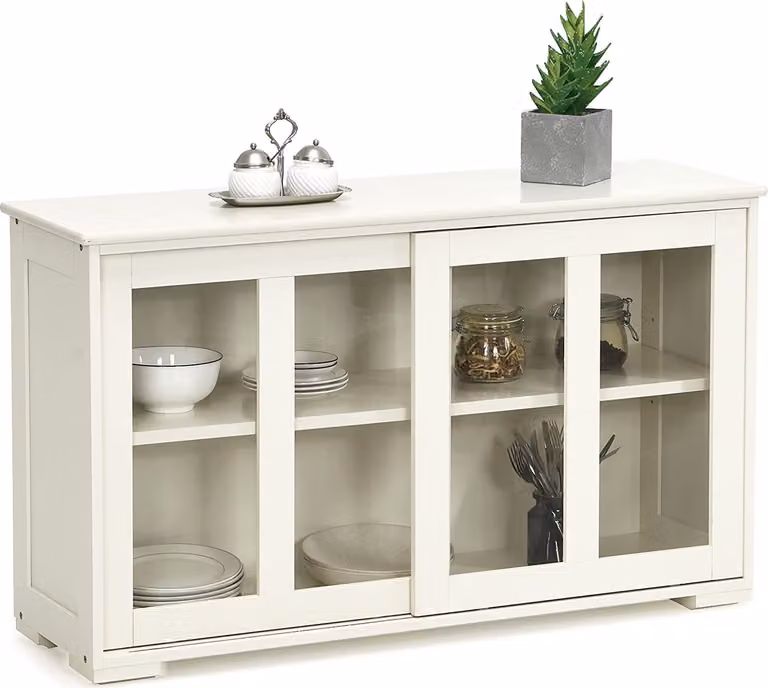 Credenza con ante in vetro, mobile da cucina con ripiano regolabile in altezza, cassettiera o mobile ausiliario per cucina, soggiorno o ingresso, 106,5 x 33 x 62,5 cm (bianco crema)