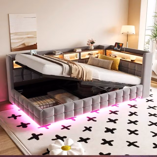 Letto divano 90 × 200 cm con vano idraulico, mensole, LED regolabile, presa USB e porta Type-C, senza materasso
