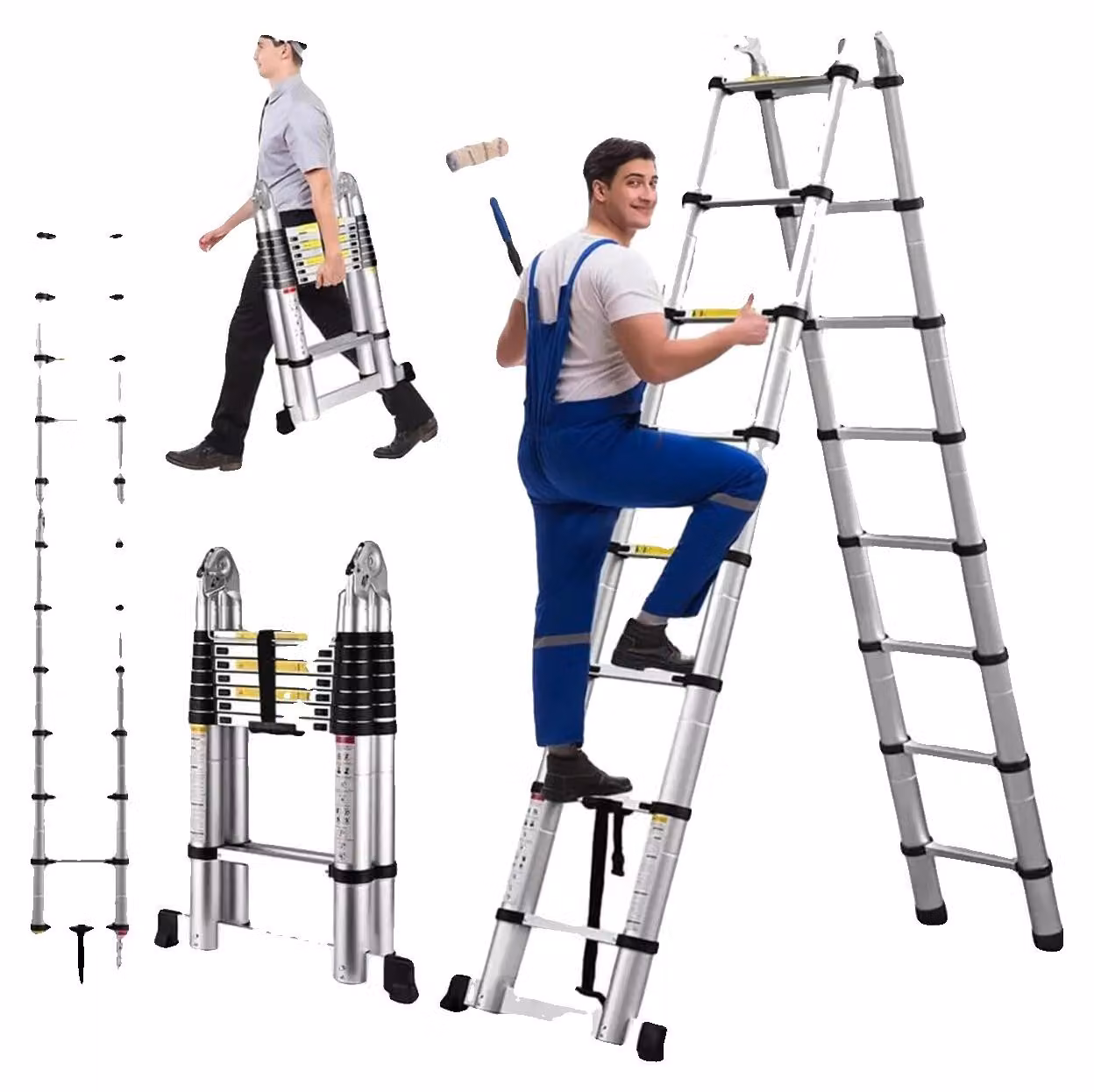 Scala telescopica, completamente estesa: 16,5 piedi, capacità massima di carico: 330 libbre, distanza tra i gradini: 11,8 pollici, peso del prodotto: 37,5 libbre, numero totale di gradini: 16