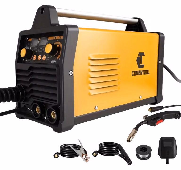 Saldatrice 200A con display digitale, protezione da sovraccarico e compatibile con le saldature MIG, TIG e MMA