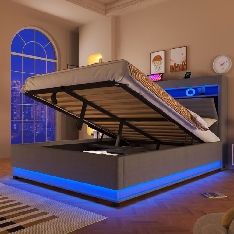 Letto imbottito idraulico Flieks 140x200 cm con LED, letto matrimoniale con contenitore, porta USB e Type-C, letto per ragazzi con contenitore e rete a doghe, rivestimento in lino, grigio