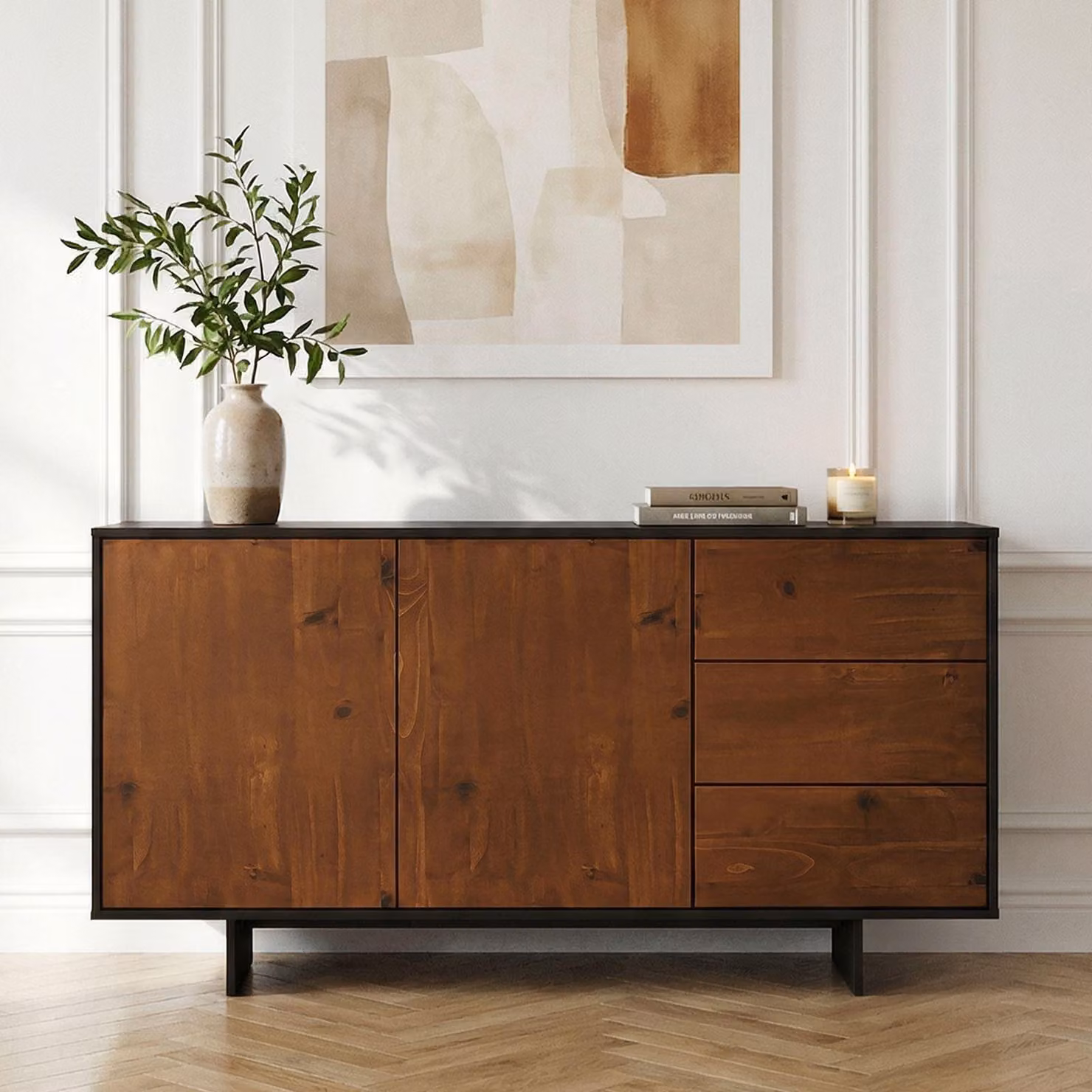 Credenza ARTO, 135 cm con 2 ante e 3 cassetti, nero/castagno - Robusto mobile da soggiorno, comò da ingresso con ampio spazio contenitivo, credenza con superficie facile da pulire