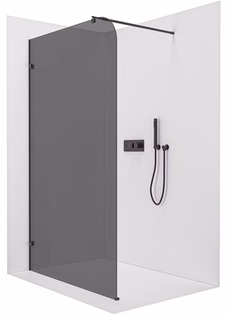 Pannello doccia angolare Walk-in Orbis Round L/P - 8 mm - colonna rotonda - nero opaco, vetro grigio grafite - 150x200 cm