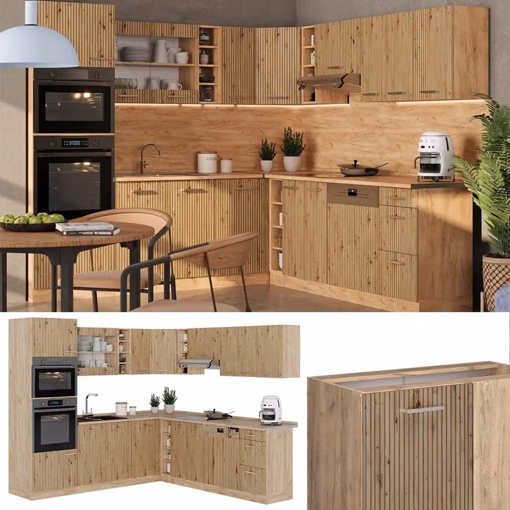 Cucina angolare moderna R-Line Vicco in rovere con piano in marmo, colori marrone, grigio e antracite, L/P/H: 247 x 237 x 60 cm – 2