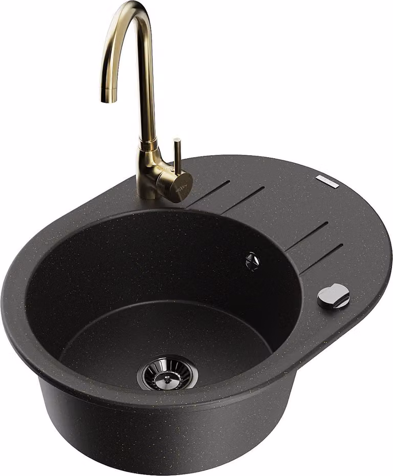 Mexen Kevin lavello in granito a 1 vasca con scolapiatti e rubinetto da cucina Telma, nero/oro metallico - 6517-75-670200-50-B