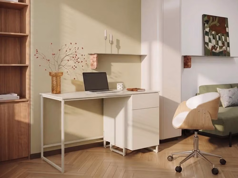 Scrivania da ufficio Beliani in MDF e metallo beige e bianca, design moderno e minimalista, L: 120 cm, P: 60 cm, H: 75 cm – 2